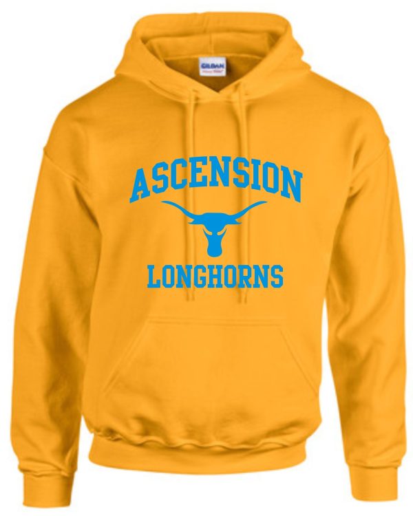 Yellow Ascension Spirit Longhorn hooded sweatshirt with "ascension longhorns" text and a graphic of a longhorn in blue.