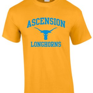 Yellow Ascension Spirit Longhorn Tshirt with "ascension longhorns" text and a graphic of a longhorn in blue on the chest.