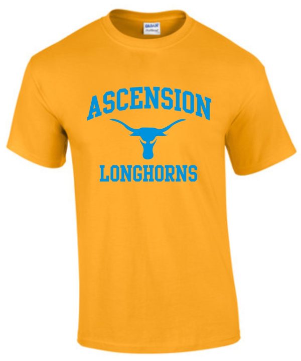 Yellow Ascension Spirit Longhorn Tshirt with "ascension longhorns" text and a graphic of a longhorn in blue on the chest.