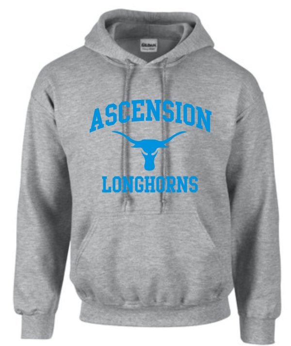 Gray Ascension Spirit Longhorn hooded sweatshirt with a blue longhorn graphic printed on the front.