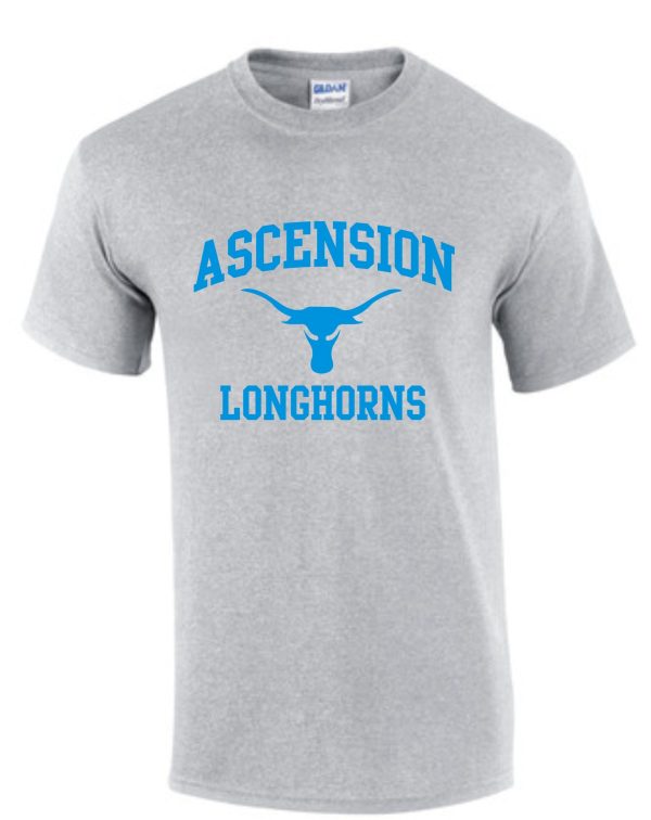 Grey Ascension Spirit Longhorn Tshirt with blue "ascension longhorns" text and a longhorn graphic on the front.