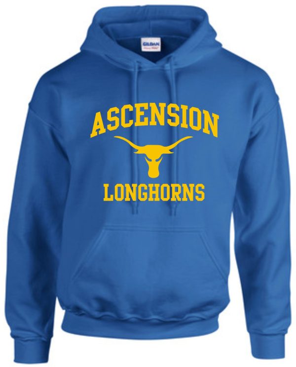 Blue Ascension Spirit Longhorn hooded sweatshirt with the text "ascension longhorns" and a longhorn silhouette in yellow.