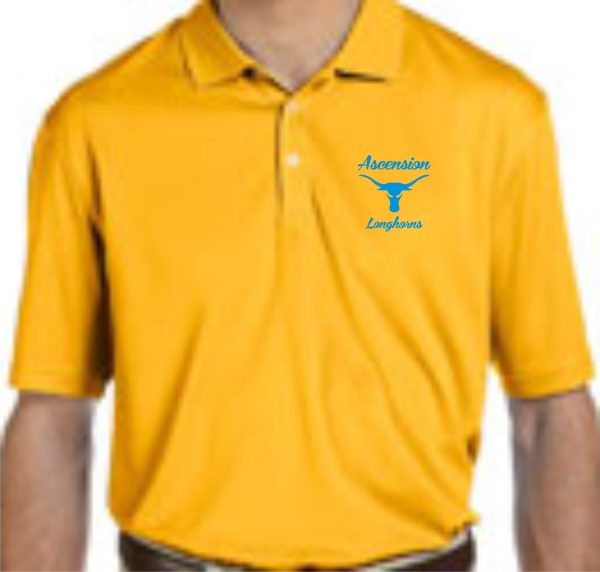 Man wearing a yellow Ascension Spirit Men's moisture wicking polo with the logo "ascension longhorns" featuring a stylized blue longhorn.