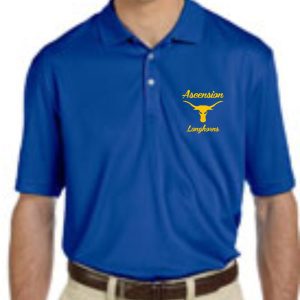 Man wearing a Ascension Spirit Mens moisture wicking polo with the "ascension longhorns" logo and a yellow silhouette of a longhorn on the left chest.
