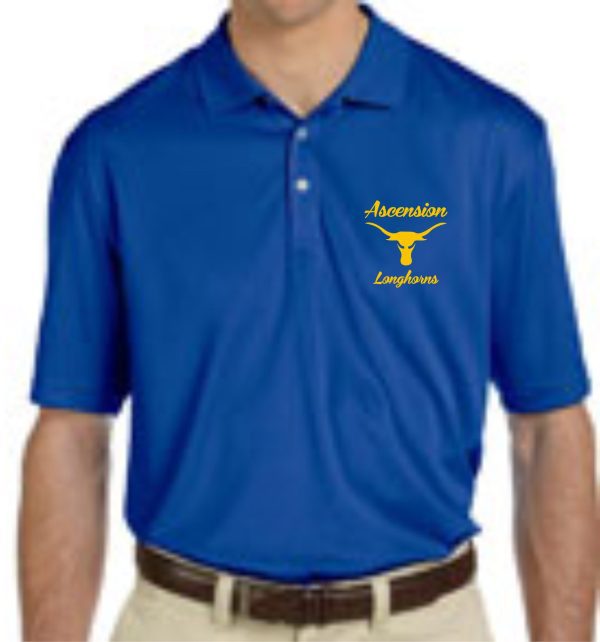 Man wearing a Ascension Spirit Mens moisture wicking polo with the "ascension longhorns" logo and a yellow silhouette of a longhorn on the left chest.