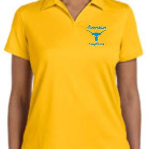 Woman in a yellow Ascension Spirit Womens moisture wicking polo with a "ascension longhorns" logo on the chest.