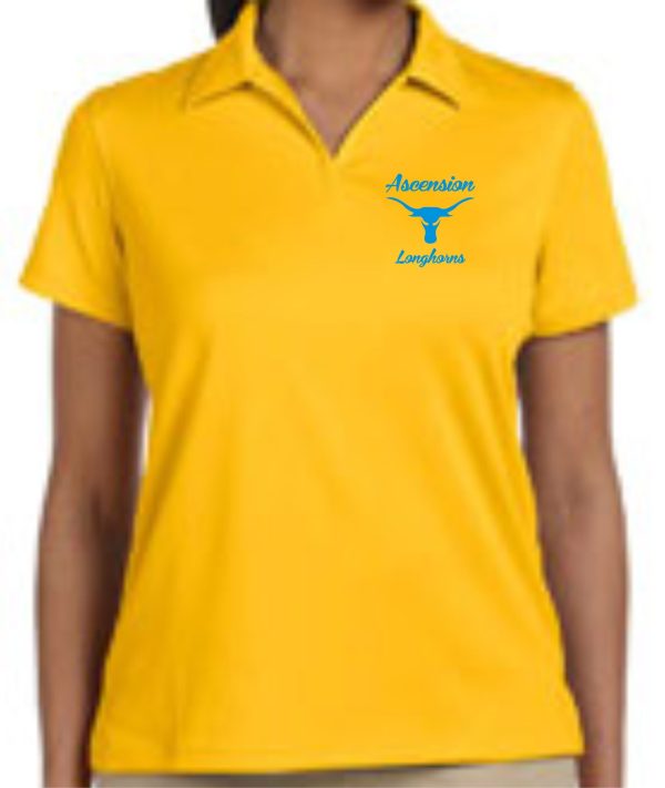 Woman in a yellow Ascension Spirit Womens moisture wicking polo with a "ascension longhorns" logo on the chest.