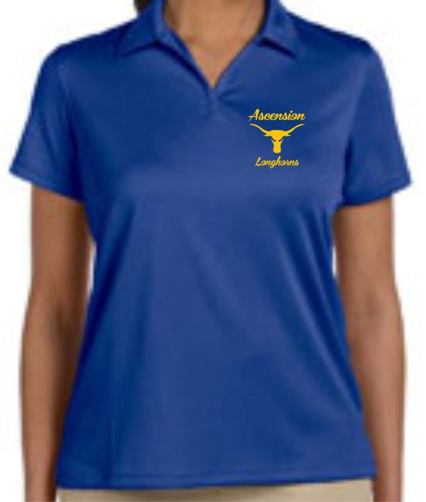 Ascension Spirit Womens moisture wicking polo with "ascension longhorns" and a yellow longhorn logo embroidered on the chest.