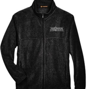 OSLS adult sized Black embroidered fleece full zip front M990 with "our savior lutheran school" embroidered on the left chest, displayed on a plain background.