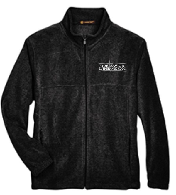 OSLS adult sized Black embroidered fleece full zip front M990 with "our savior lutheran school" embroidered on the left chest, displayed on a plain background.