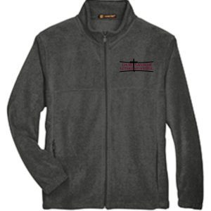 OSLS adult sized Charcoal Gray embroidered fleece full zip M990 jacket with a full zipper and the logo of "our savior lutheran school" embroidered on the left chest.