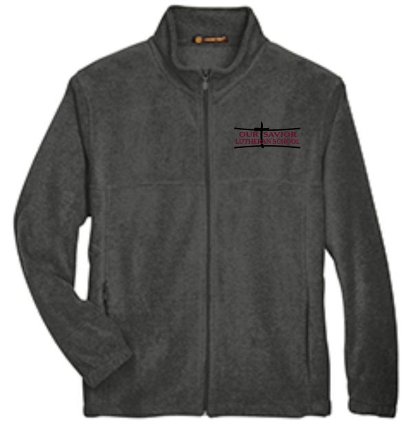 OSLS adult sized Charcoal Gray embroidered fleece full zip M990 jacket with a full zipper and the logo of "our savior lutheran school" embroidered on the left chest.