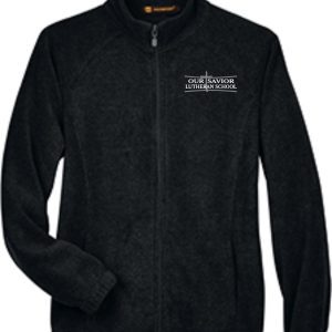 OSLS WOMENS CUT Black embroidered fleece pullover M990W with a full zipper, featuring the embroidered logo of "our savior lutheran school" on the left chest.