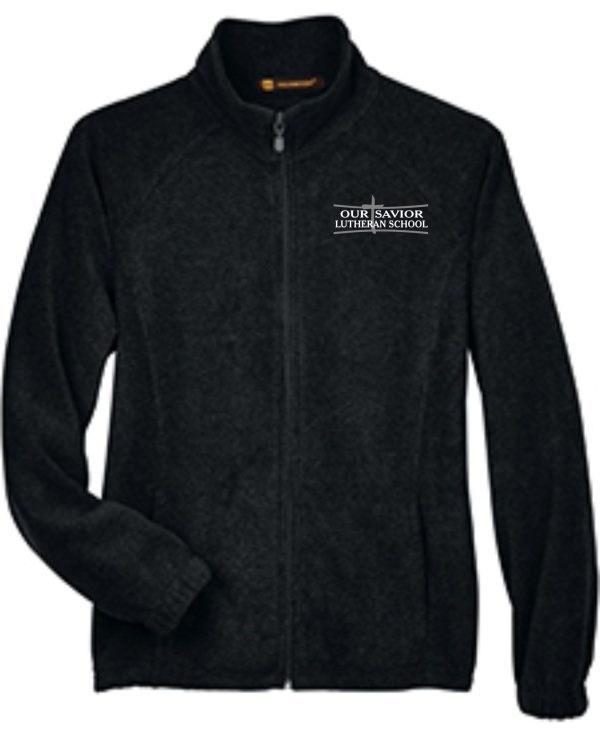 OSLS WOMENS CUT Black embroidered fleece pullover M990W with a full zipper, featuring the embroidered logo of "our savior lutheran school" on the left chest.