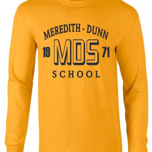 Yellow Meredith-Dunn Gold long sleeve MDS 1971 Tshirt G240 with "meredith-dunn school 1971" printed in blue letters on the front.