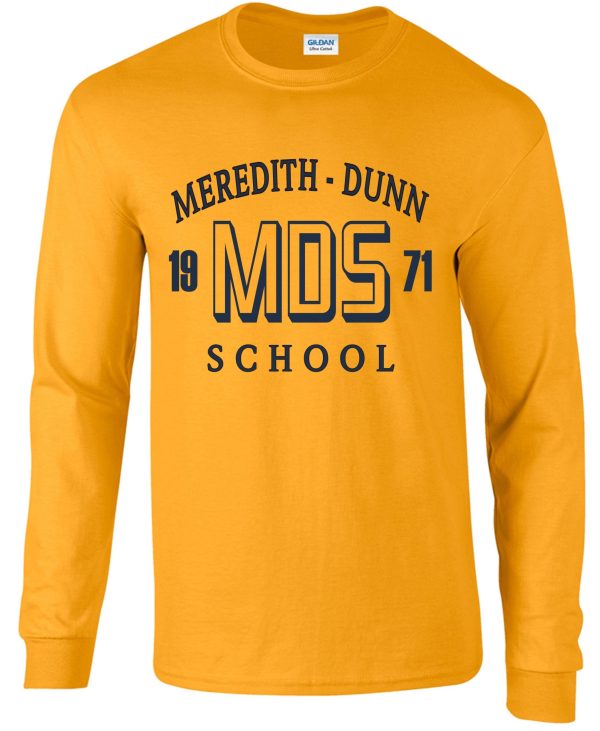 Yellow Meredith-Dunn Gold long sleeve MDS 1971 Tshirt G240 with "meredith-dunn school 1971" printed in blue letters on the front.