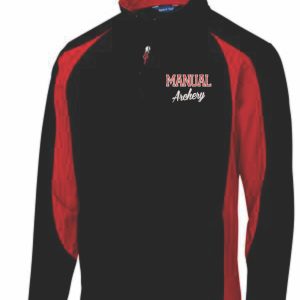 Black and red Manual Archery Mens full zip pullover with the logo "manual archery" on the front.