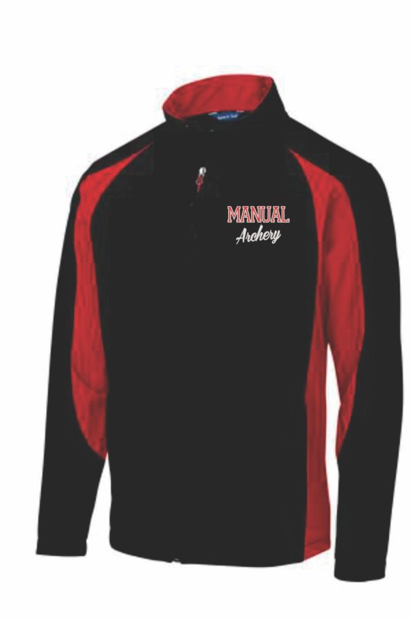 Black and red Manual Archery Mens full zip pullover with the logo "manual archery" on the front.