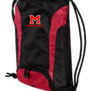 Black and red drawstring bag with a logo reading "Manual Marching Band Back Pack" embroidered on the front.