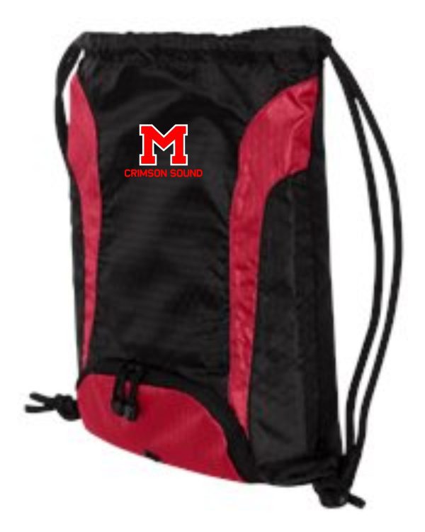 Black and red drawstring bag with a logo reading "Manual Marching Band Back Pack" embroidered on the front.