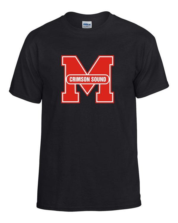 Manual Marching Band T shirt G8000 with a large red letter 'm' and the words "crimson sound" in white, centered on the chest.