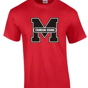 Manual Marching Band T shirt G8000 with a large white letter "m" and the words "crimson sound" printed in black inside the letter on the chest.