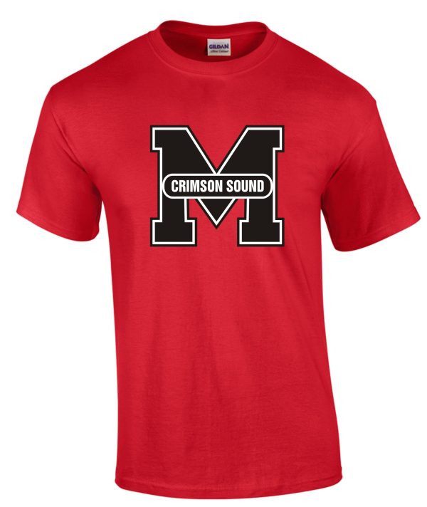 Manual Marching Band T shirt G8000 with a large white letter "m" and the words "crimson sound" printed in black inside the letter on the chest.