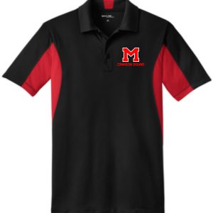 Manual Marching Band Staff polo ST655 with a logo featuring the letter 'm' and the text 'crimson sound' embroidered on the left chest.