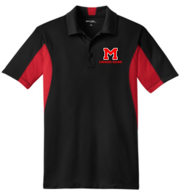 Manual Marching Band Staff polo ST655 with a logo featuring the letter 'm' and the text 'crimson sound' embroidered on the left chest.