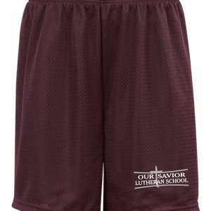 Maroon OSLS PE shorts 6th - 8th GRADE ONLY 7207 with a textured fabric and the logo "our savior lutheran school" on the lower left leg.