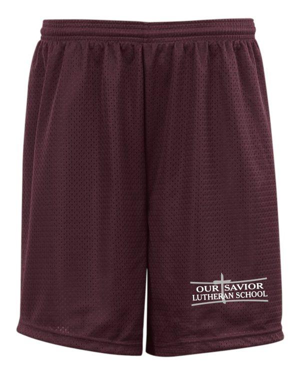 Maroon OSLS PE shorts 6th - 8th GRADE ONLY 7207 with a textured fabric and the logo "our savior lutheran school" on the lower left leg.