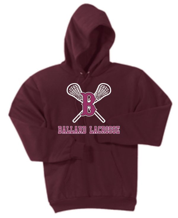 Ballard FULL FRONT LACROSSE Essential fleece PC90H hoodie with a 'ballard lacrosse' logo featuring crossed lacrosse sticks and the letter 'b' at the center.