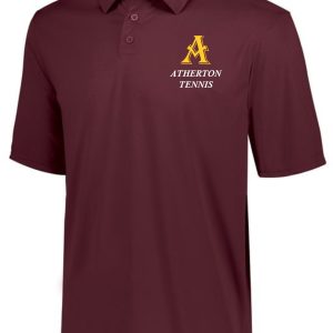 Maroon polo shirt with Atherton tennis logo.