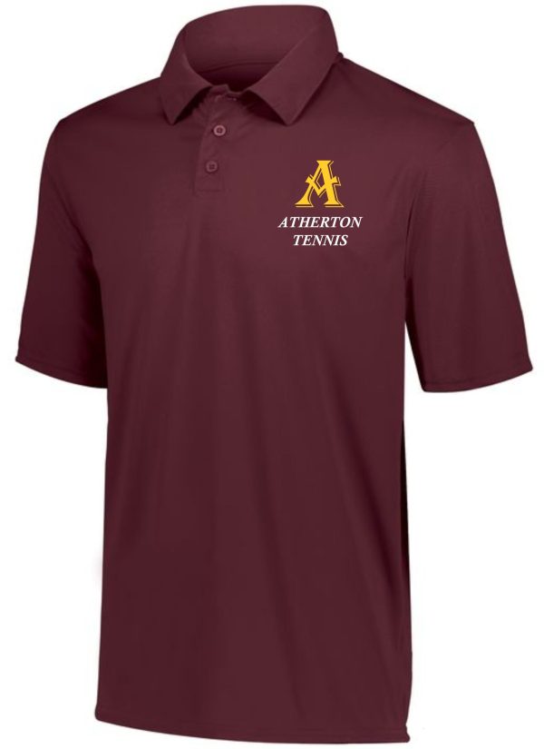 Maroon polo shirt with Atherton tennis logo.