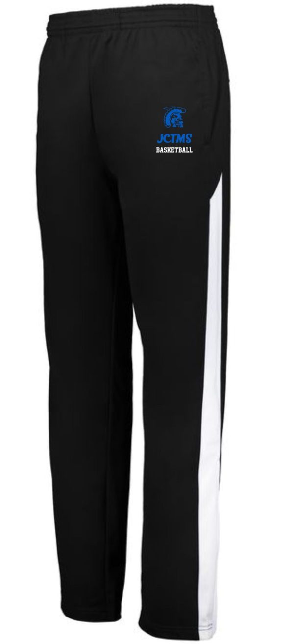 JCTMS Basketball Medalist Black White Warm up pants with a blue logo for "jctms basketball" on the upper left thigh.