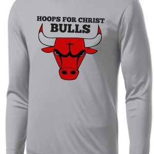 Gray long-sleeve Hoops For Christ Basketball Bulls Long Sleeve T shirt PC55LS featuring a red bull graphic with the text "hoops for christ bulls" above it.