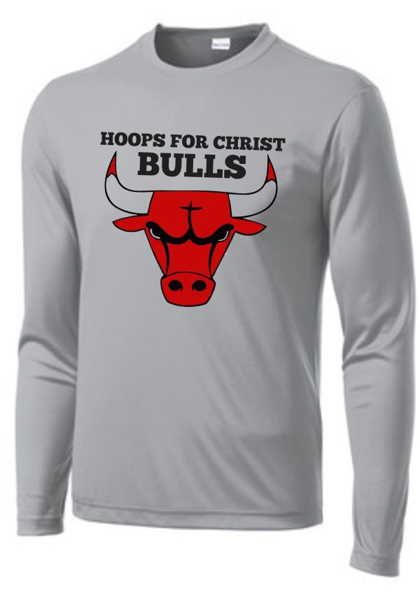 Gray long-sleeve Hoops For Christ Basketball Bulls Long Sleeve T shirt PC55LS featuring a red bull graphic with the text "hoops for christ bulls" above it.