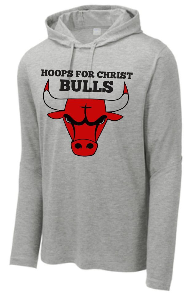 Hoops for Christ TriBlend Bulls long sleeve hoodie ST406 featuring a red bull's head logo and the text "hoops for christ bulls" above it.