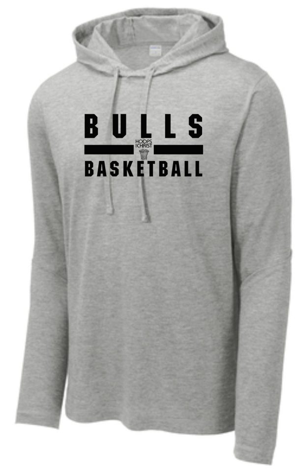 Gray Hoops for Christ TriBlend words long sleeve hoodie ST406 with "bulls basketball" printed on the front.