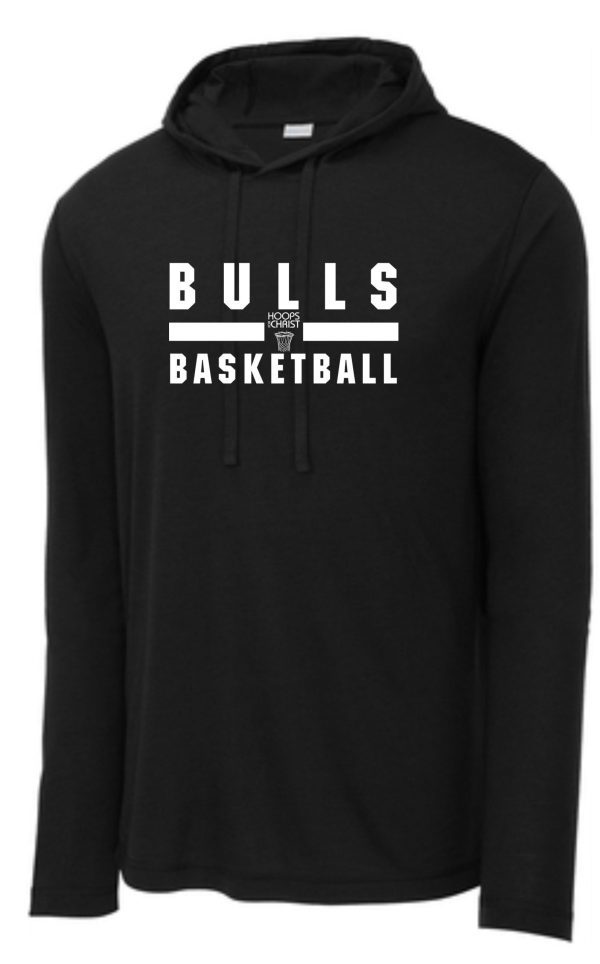 Hoops for Christ TriBlend words long sleeve hoodie ST406 with a white "bulls basketball" text logo on the front.