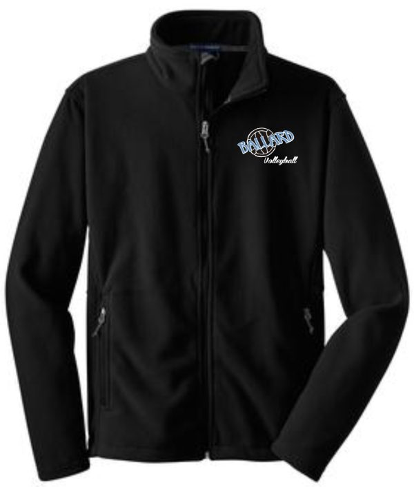 Ballard Volleyball spirit Mens Fleece full zip jacket F217 with a "ballard volleyball" logo embroidered on the left chest, featuring two zippered pockets.