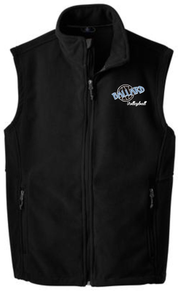 Black sleeveless fleece vest with a zippered front and logo "Ballard Volleyball spirit" embroidered on the left chest.