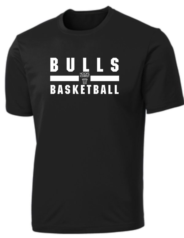 Hoops For Christ PC380 Moisture wick T-shirt with the word "bulls" in large white letters above the word "basketball" in smaller white text, arranged in a minimalist style.