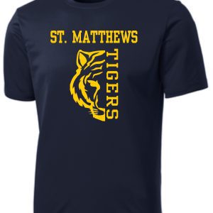 St Matthews Elementary Track moisture wicking Navy T PC380 with "st. matthews tigers" text and a yellow and orange tiger mascot graphic.