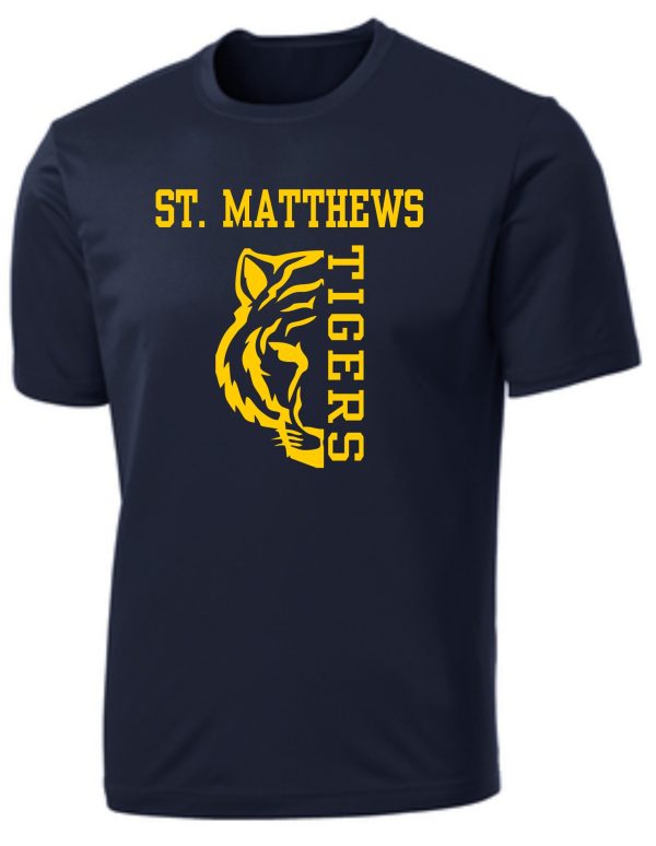 St Matthews Elementary Track moisture wicking Navy T PC380 with "st. matthews tigers" text and a yellow and orange tiger mascot graphic.