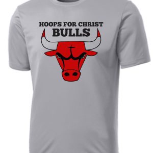 Gray Hoops For Christ Basketball Bulls Moisture wick Tshirt PC380 with a red and black "bulls" logo and the text "hoops for christ" above the image.