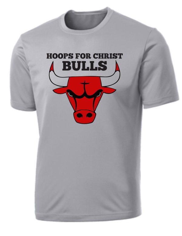 Gray Hoops For Christ Basketball Bulls Moisture wick Tshirt PC380 with a red and black "bulls" logo and the text "hoops for christ" above the image.