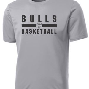 Hoops For Christ Basketball words Moisture wick Tshirt PC380 with "bulls basketball" printed in black block letters across the chest.