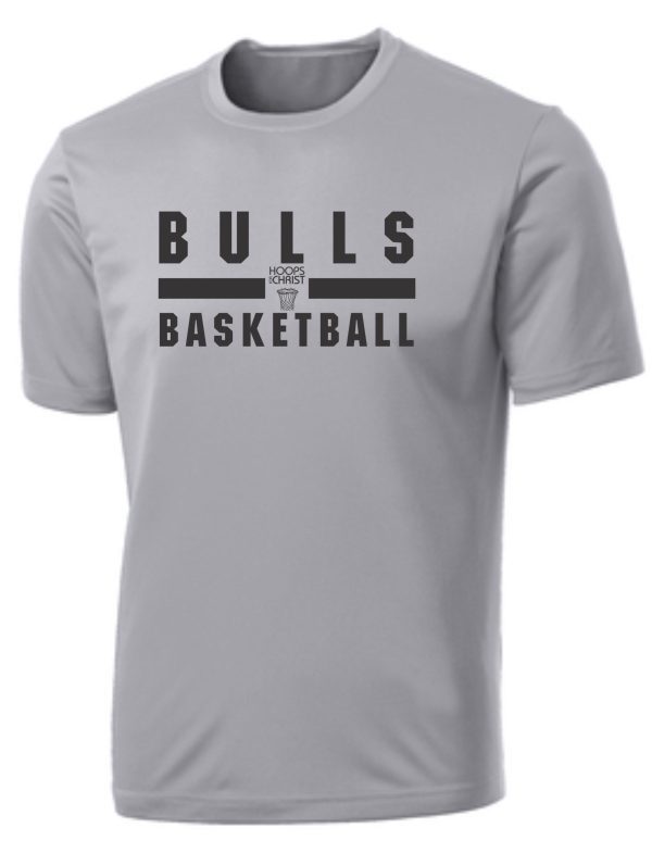 Hoops For Christ Basketball words Moisture wick Tshirt PC380 with "bulls basketball" printed in black block letters across the chest.