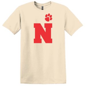 Noe Middle School Track Softstyle Adult ONLY Natural T G64000 with a large red letter "n" and a small red paw print above it, displayed on a white background.